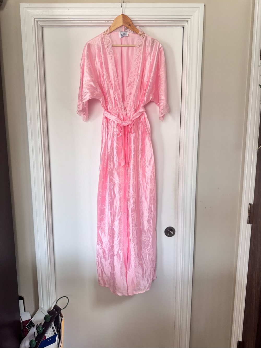 Vintage Pink Satin Lace Trim Robe with Tie